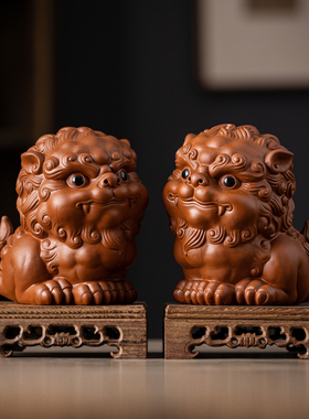 创意国潮风招财陶瓷狮子一对中式家居客厅桌面吉祥物装饰工艺礼品
