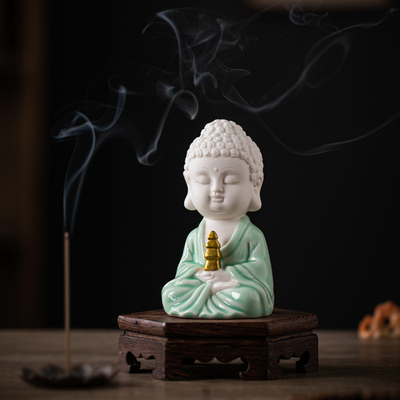 中式禅意白瓷如来佛像小摆件家居陶瓷小佛祖茶室桌面汽车载装饰品