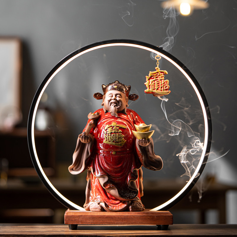 陶瓷财神爷摆件大号新中式客厅玄关灯圈招财家用供奉办公室装饰品