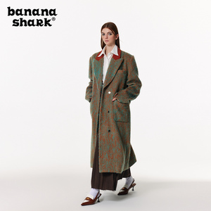 Banana shark许佳琪同款辣妹春季中长款宽松毛呢大衣灰加厚外套女