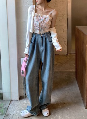 KOKO大码高腰阔腿拖地牛仔裤春夏薄款小个子宽松大码胖mm梨形身材