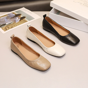 猫熊家简约真皮平底奶奶鞋女方头浅口单鞋子一脚蹬懒人软底豆豆鞋