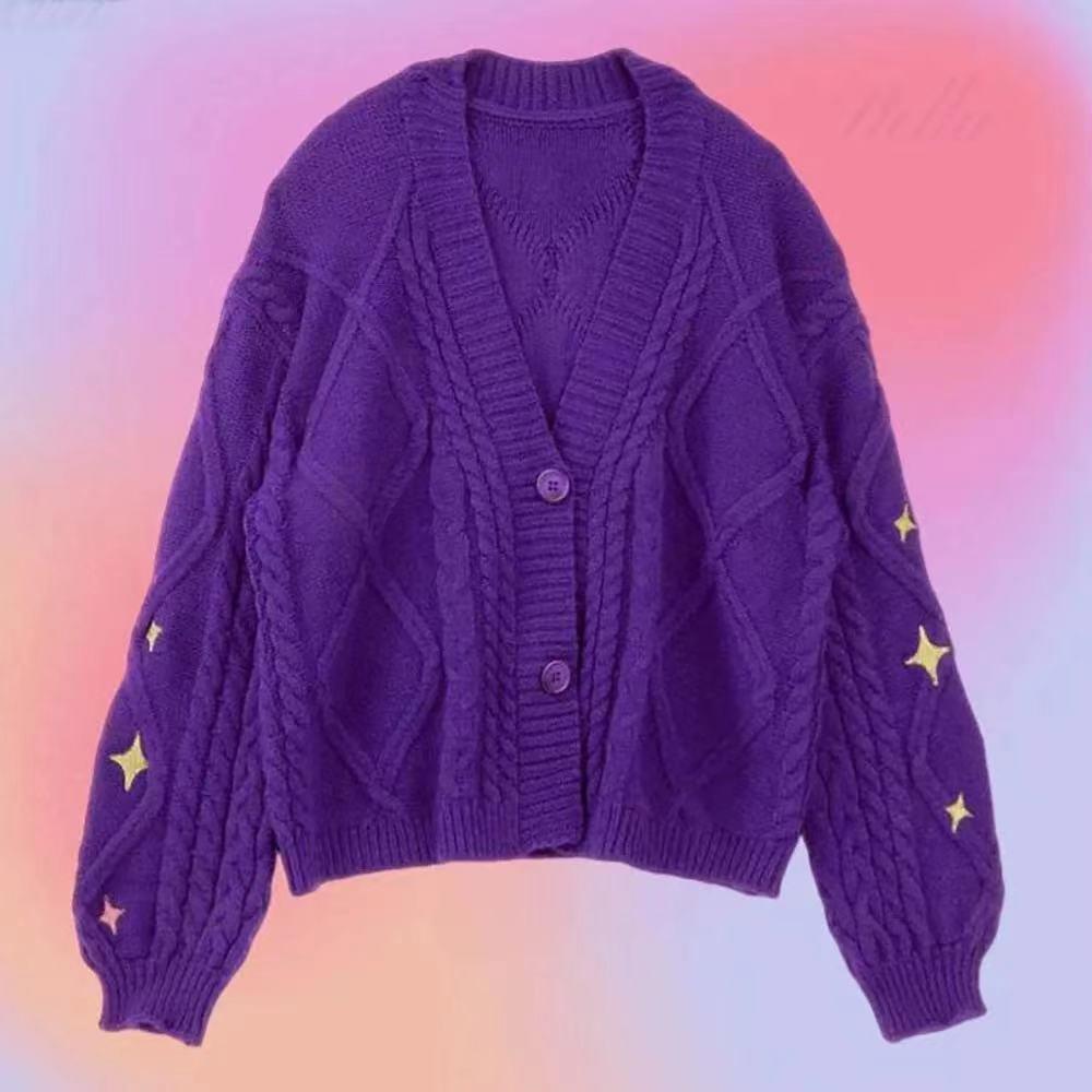 Top Sweater Knitted Casual Embroidery Star Button European