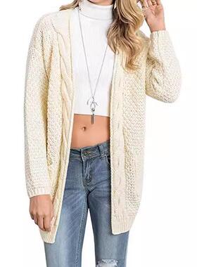 Womens medium-length large size solid color pocket sweater