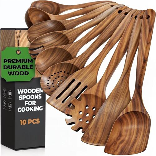 10-piece durable teak wooden cooking utensil set, non-stick