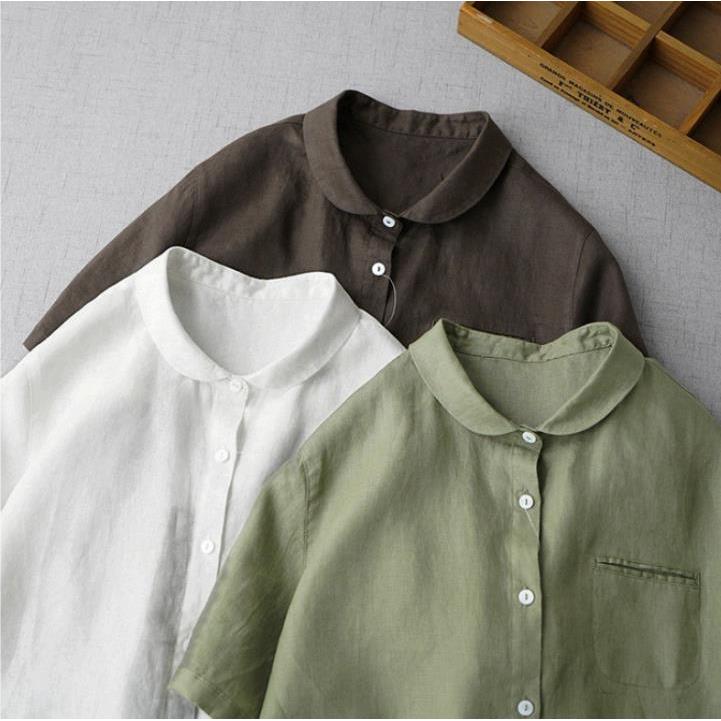 Linen shirt cotton and linen womens summer Yuanbao collar