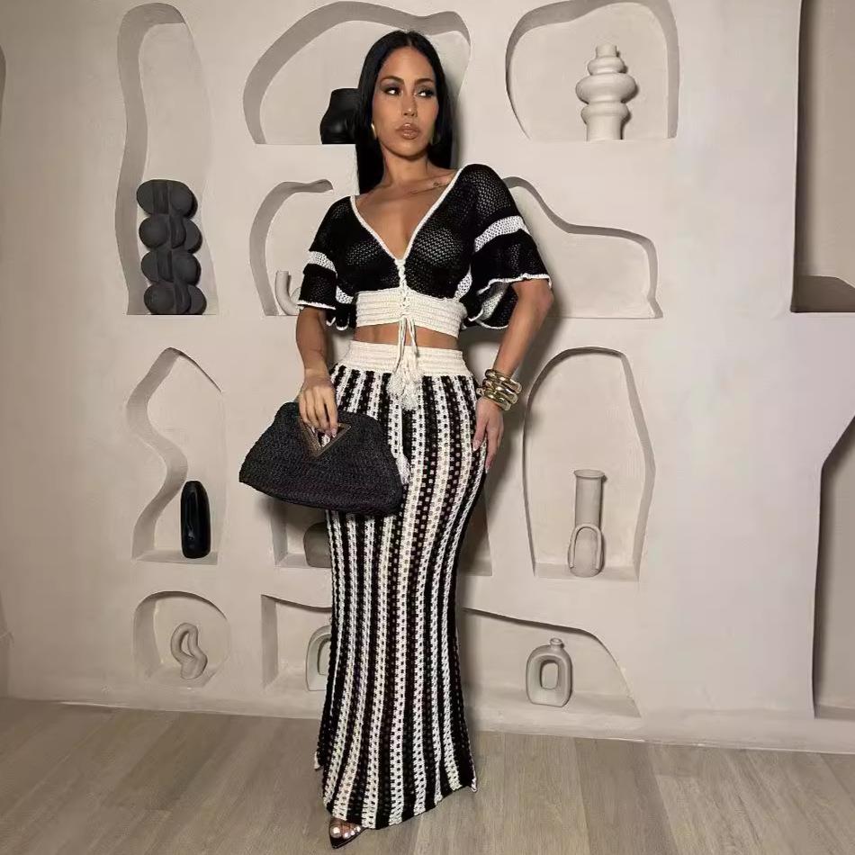 Set Skirt Long Ladies Knitted Striped Hollow V-neck Sexy