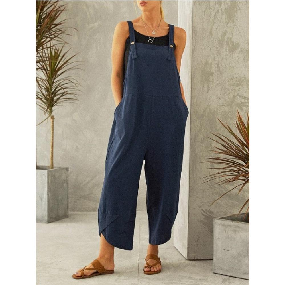 jumpsuits sleeveless wide pants overalls summer button blue