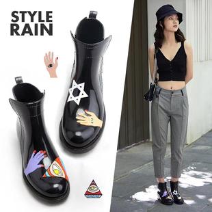 外貿黑色手繪雨靴女士柔軟日韓女青年雨鞋 膠鞋 水鞋 低幫成年 花園鞋