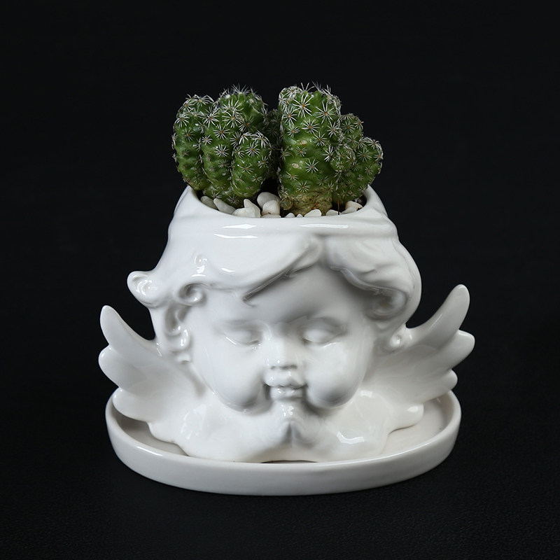 欧式创意白色天使多肉花盆创意个性可爱室内植物盆栽花器带托盘