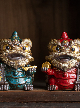 国潮陶瓷逢考必过醒狮摆件