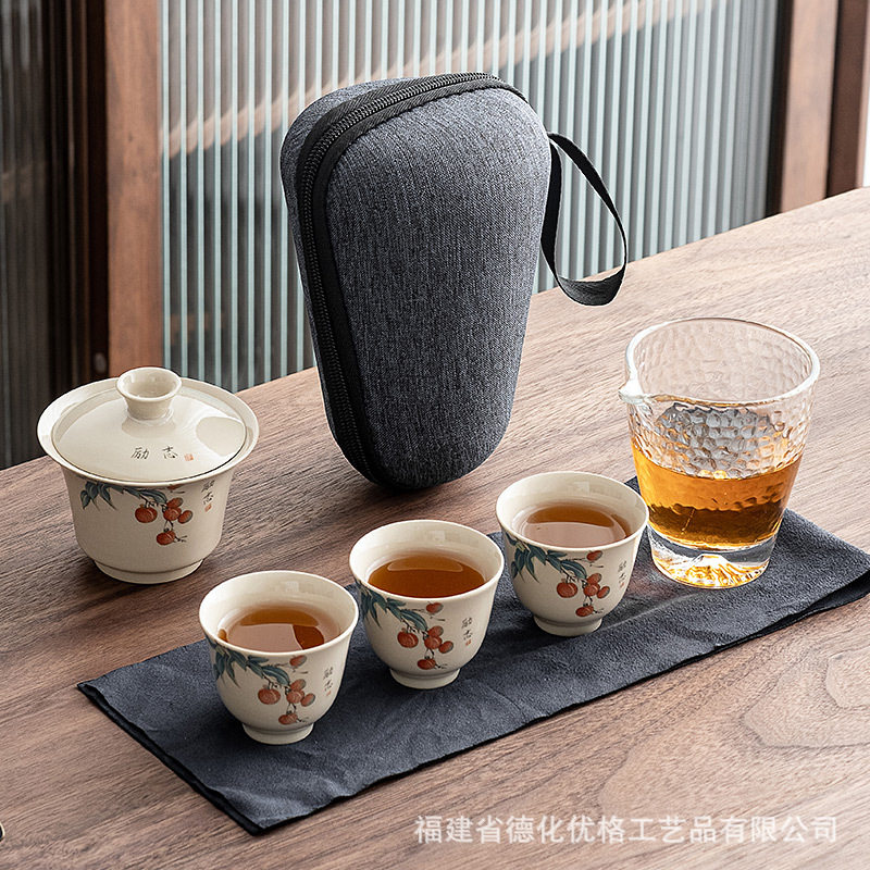 草木灰陶瓷快客杯一壶三杯户外便携式功夫茶具小套包旅行茶具套装
