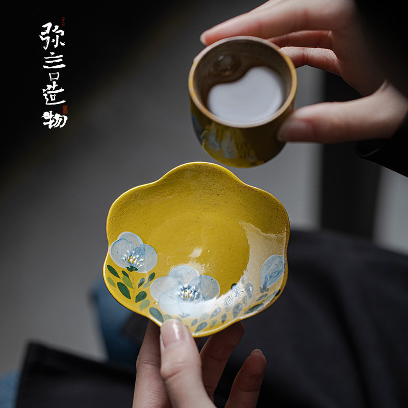弥日式纯手绘杯垫纯手工粗陶花瓣杯垫茶杯垫隔热百搭茶点盘复古