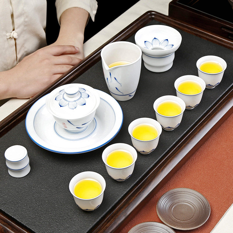 纯手绘彼岸花开功夫茶具套装家用盖碗薄胎茶杯白瓷青花瓷茶杯