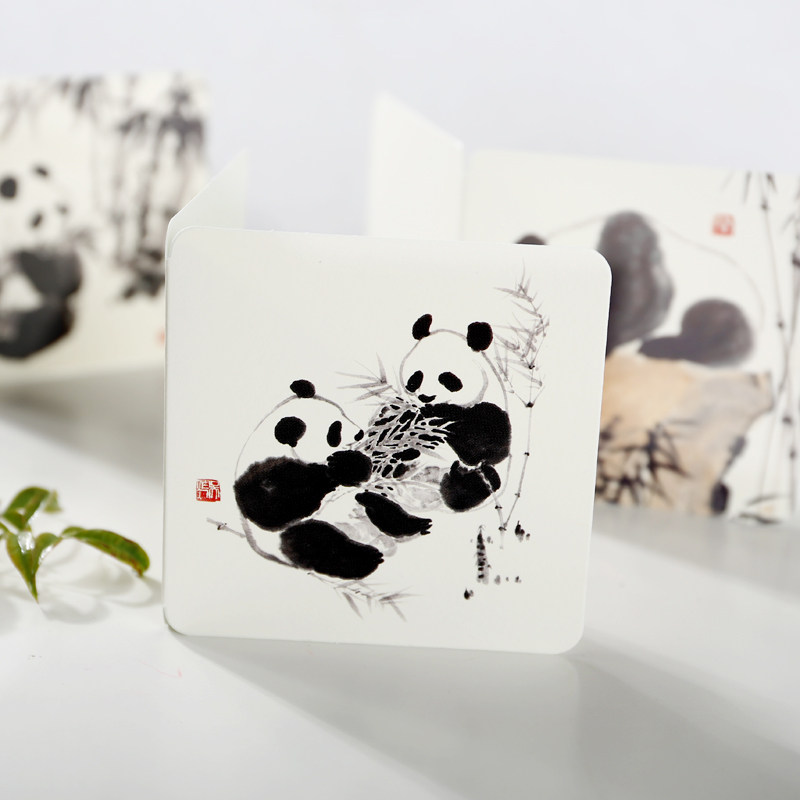 水墨熊猫中国风古典高档生日商务卡片感谢新年元旦端午节贺卡diy