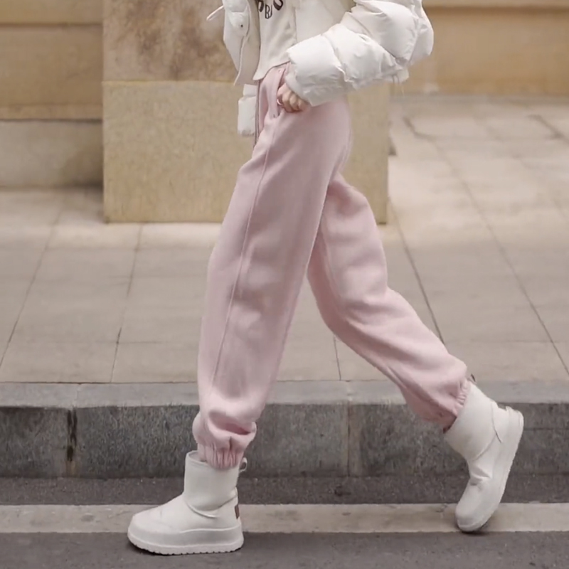 运动裤女2025新款秋冬加绒加厚小个子宽松束脚卫裤休闲裤粉色裤子