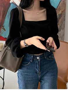 锁骨方领上衣女春秋款 洋气卡腰小衫 短袖 高级感别致短款 泡泡袖 法式