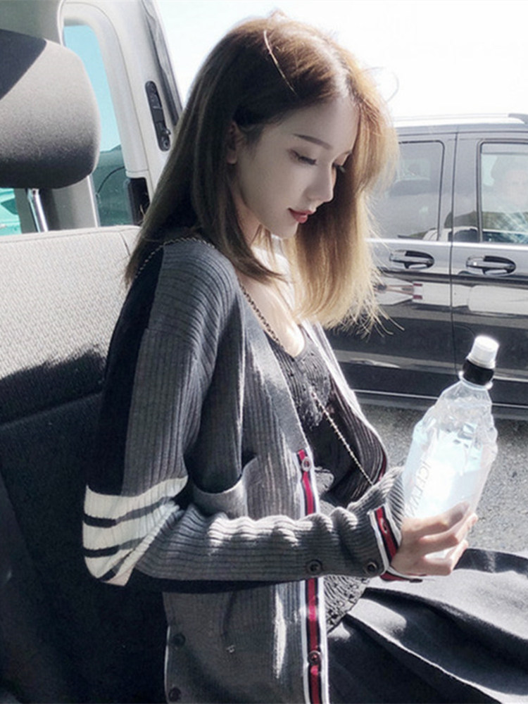 韩国TB针织开衫外套女2025春秋新款网红慵懒风宽松外穿中长款毛衣