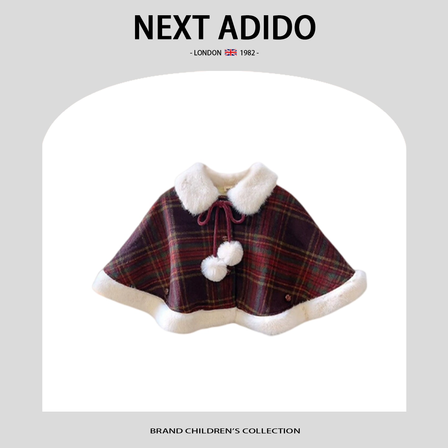 英国NEXT ADIDO女童毛呢斗篷冬季加绒女宝宝圣诞格子外套半裙套装