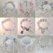 爆款 冰凉夏日蝴蝶串珠手链ins潮甜美爆花玻璃蝴蝶结学生闺蜜手串