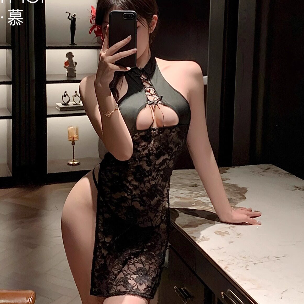 悄趣内衣立领镂空透视旗袍连衣裙性感蕾丝纯欲睡衣睡裙qqny大尺度