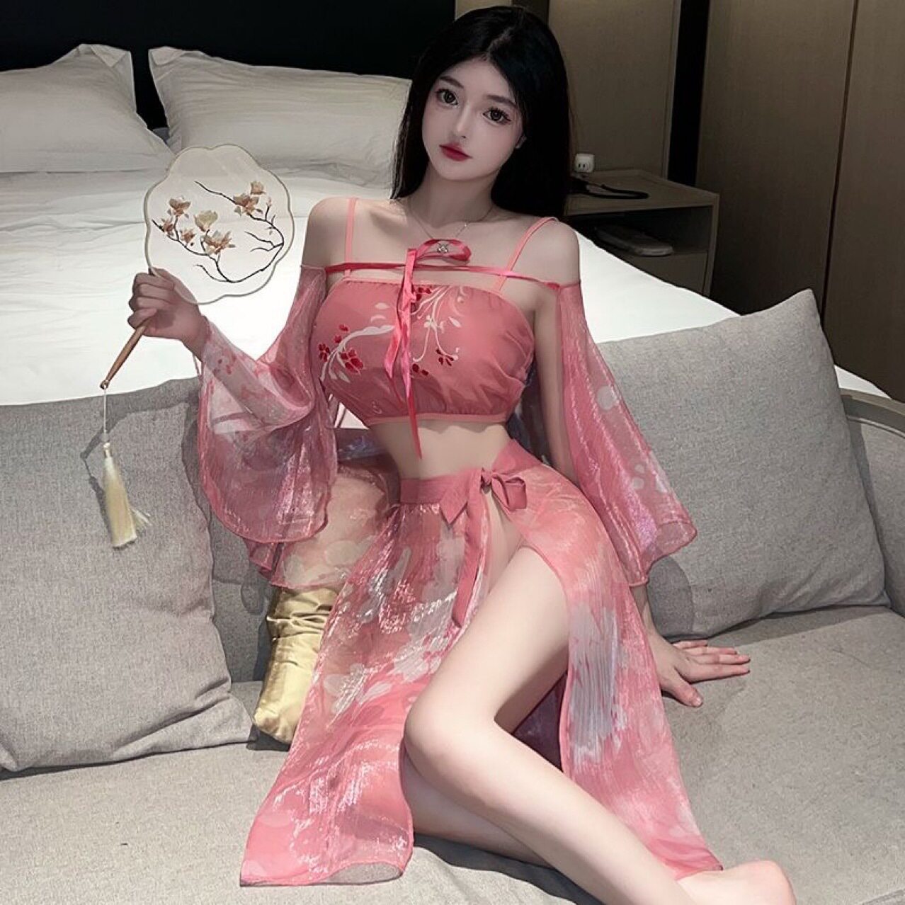 2025新款性感汉服复古风网纱睡衣高叉绑带二次元服扮演夫妻睡裙