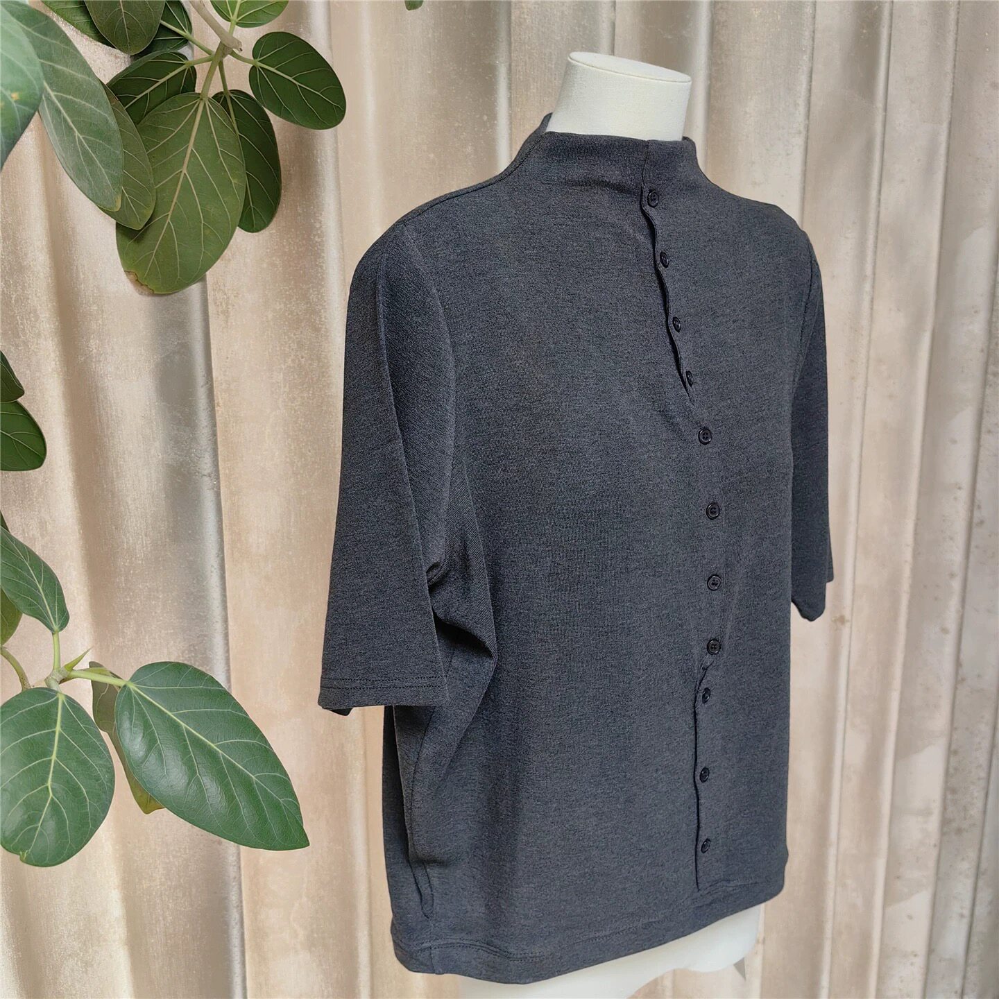 欧货秋新款立领单排扣中袖打底衫女修身显瘦内搭T恤气质开衫上衣