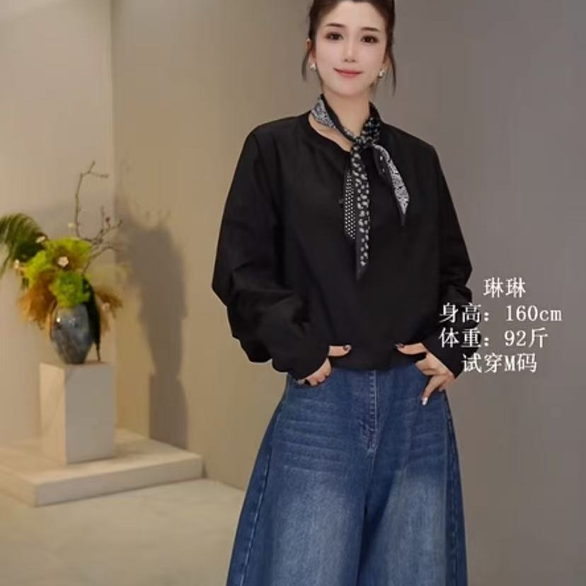 黑色长袖T恤蝙蝠衫设计感抽绳灯笼袖衬衫女春秋欧货宽松休闲上衣