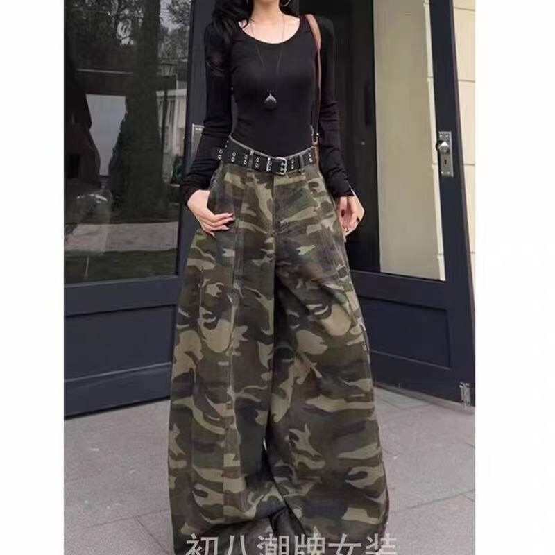 美式高街迷彩工装裤女2026春季时尚休闲大码显瘦宽松阔腿拖地裤子