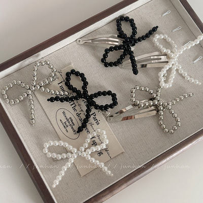 韩国珍珠蝴蝶结发夹银色芭蕾风鸭嘴夹日系刘海夹编织串珠马尾夹