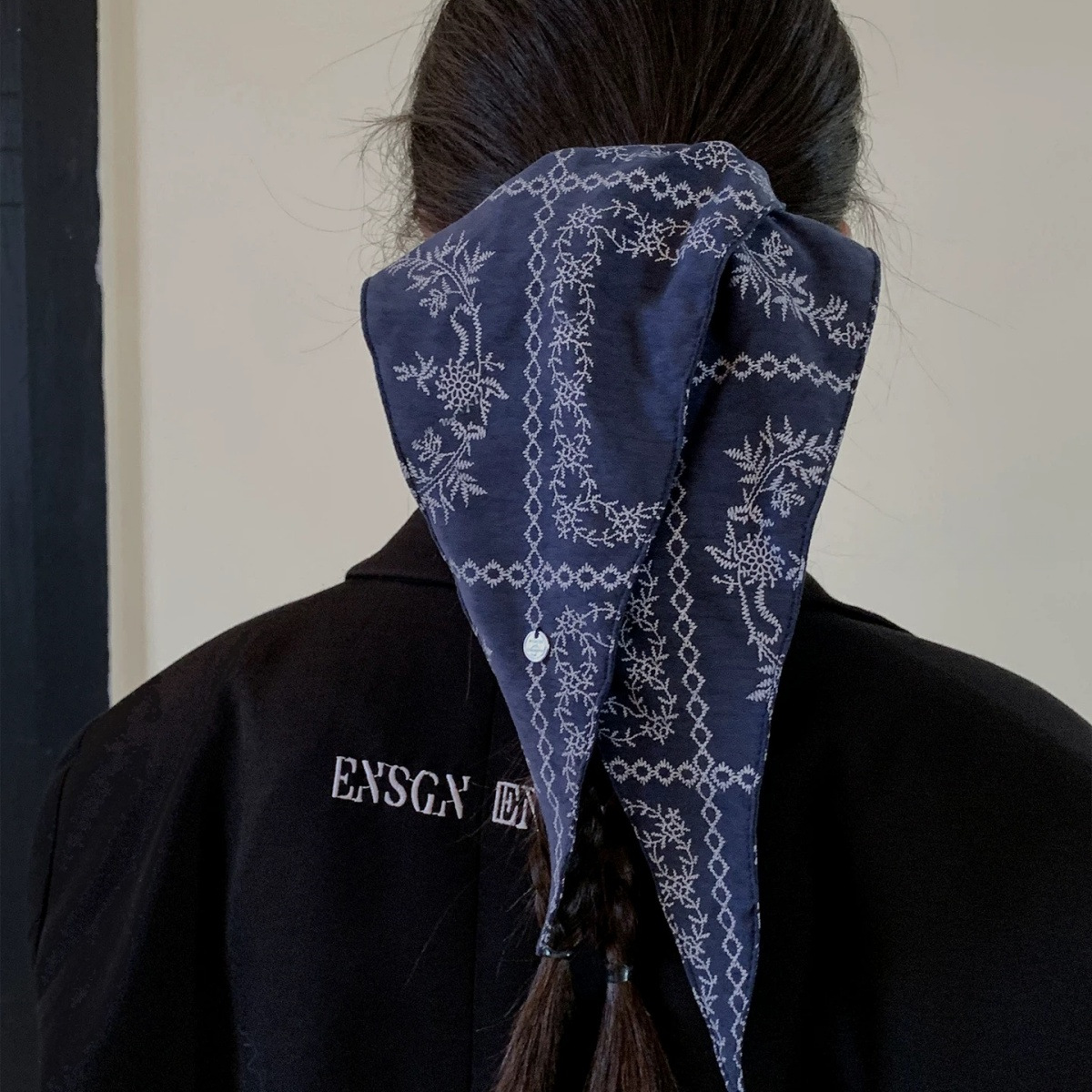 复古花纹银标菱形方巾法式双面文艺大肠发圈超大号头绳质感发饰女