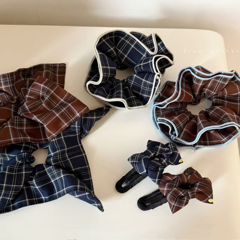 英伦蓝棕格纹发夹大肠发圈方巾慵懒风扎头发丸子头发饰