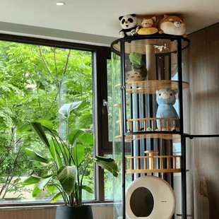 豪华圆柱形纯实木猫笼小中大型猫笼猫别墅室内家用猫咪玻璃展示柜