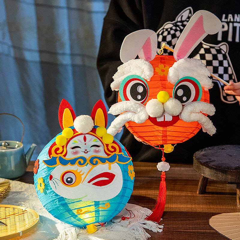 中秋节兔子灯笼亲子儿童手工diy材料手提卡通花宫灯醒狮发光吊饰