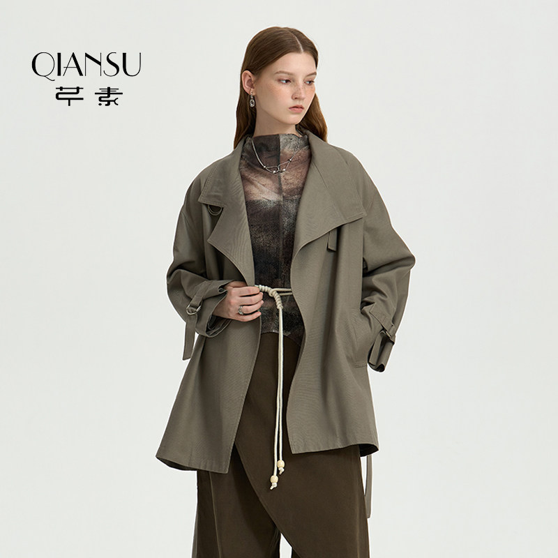 芊素极简风大翻领系带风衣女秋季新款宽松老钱风时尚外套6323015