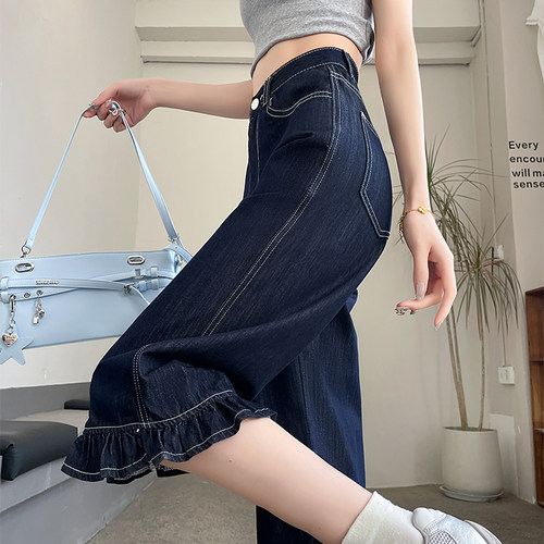 丹宁蓝牛仔短裤女直筒六七分裤子