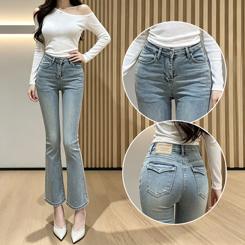 浅色小个子紧身微喇牛仔裤女2026秋季修身丰胯提臀八九分喇叭裤子