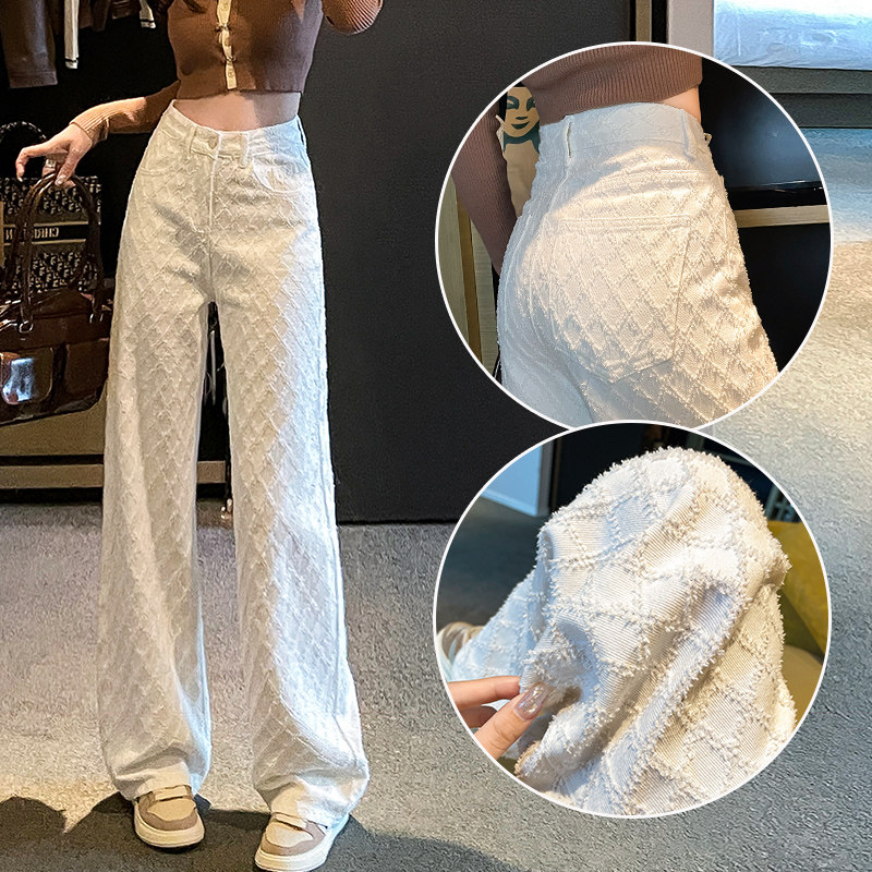 白色编织提臀阔腿直筒牛仔裤女图片