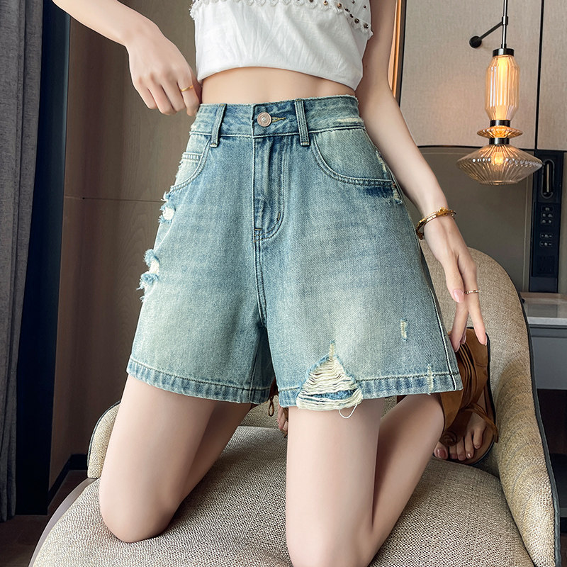 复古破洞牛仔短裤女四分热裤裤子图片
