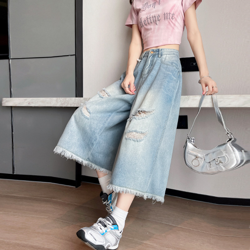 复古浅色破洞毛边七分牛仔裤女2026夏季薄款梨形宽松遮胯阔腿裤子