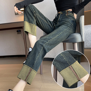 水泥灰卷边窄版烟管牛仔裤女2026秋季高腰小个子九分法棍直筒裤子