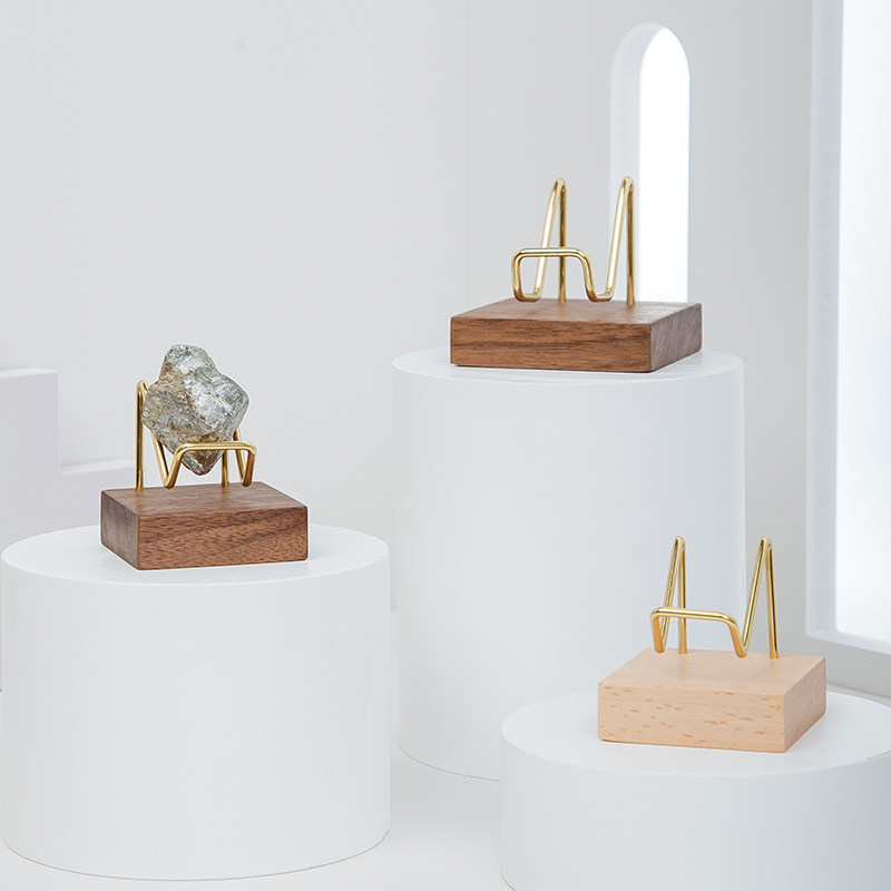 黑胡桃木奇石展示架矿物水晶黄铜展示座小型原石矿石头底座托架子
