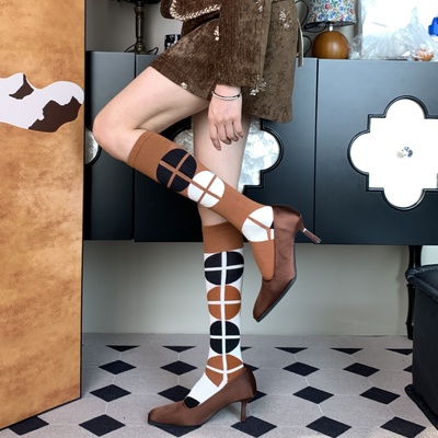 古早味油画复古几何不对称小腿袜