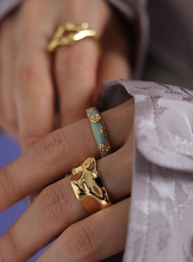 流光织梦~轻奢高级感简约复古几何金色戒指日常通勤珐琅饰品戒指