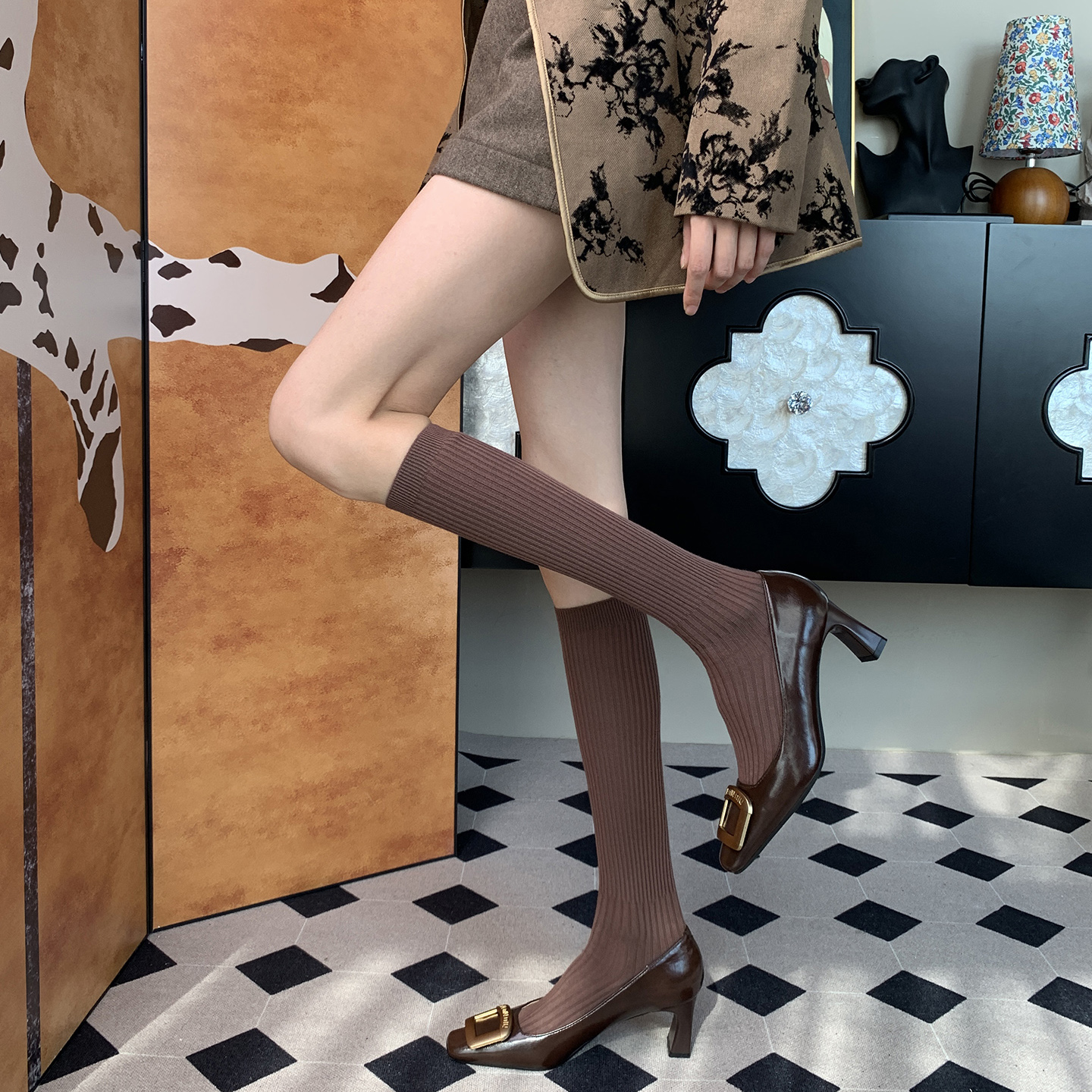 Rive Gauche左岸风情乡村巴恩风手工精织浅棕色秋冬季小腿袜女DF