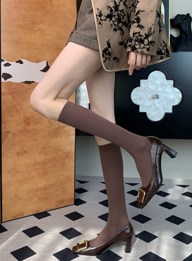 Rive Gauche左岸风情乡村巴恩风手工精织浅棕色秋冬季小腿袜女DF