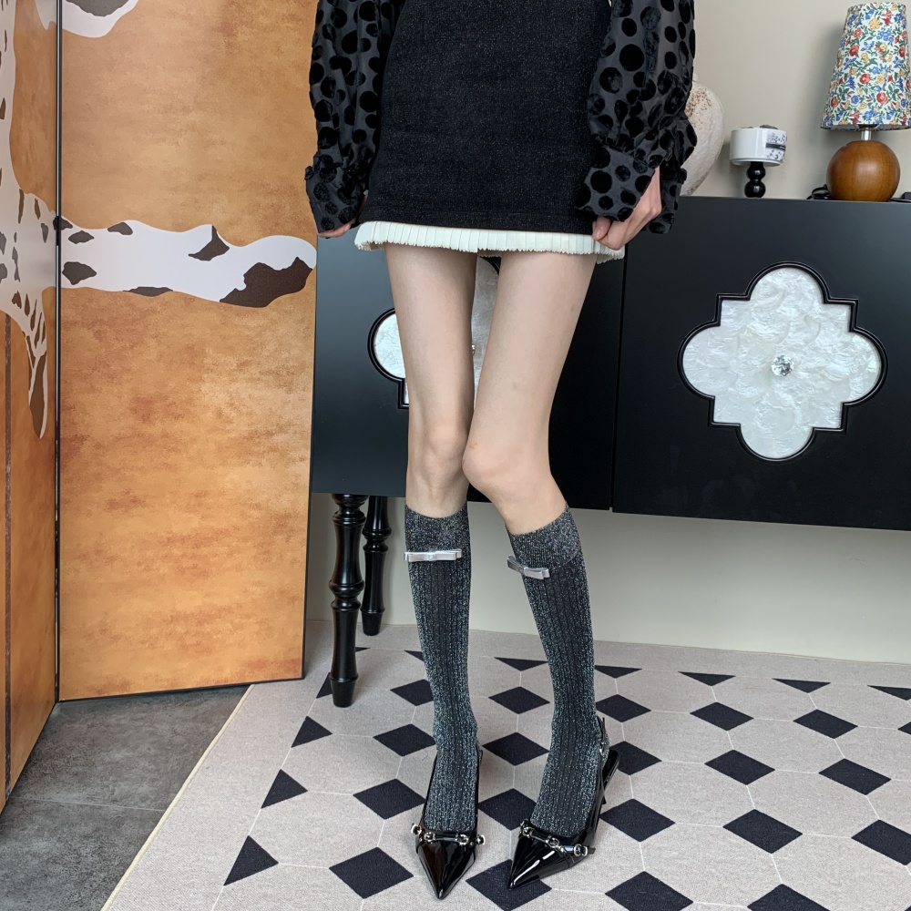 韩系千金竖条银丝蝴蝶结小腿袜