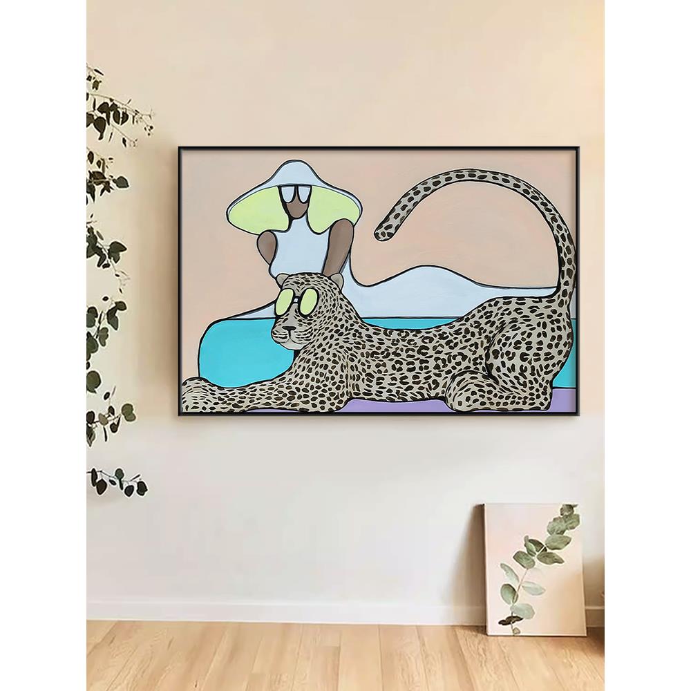 客厅金钱豹子极简壁画玄关抽象人物动物装饰画小众波普风艺术挂画图片