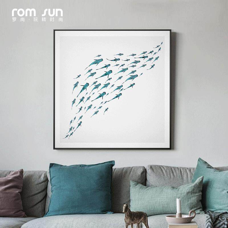 书房装饰画现代简约北欧风格小鱼正方形大画玄关客厅沙发背景墙画,家居饰品,现代装饰画,淘宝优惠券,粉丝福利购,淘宝优惠卷