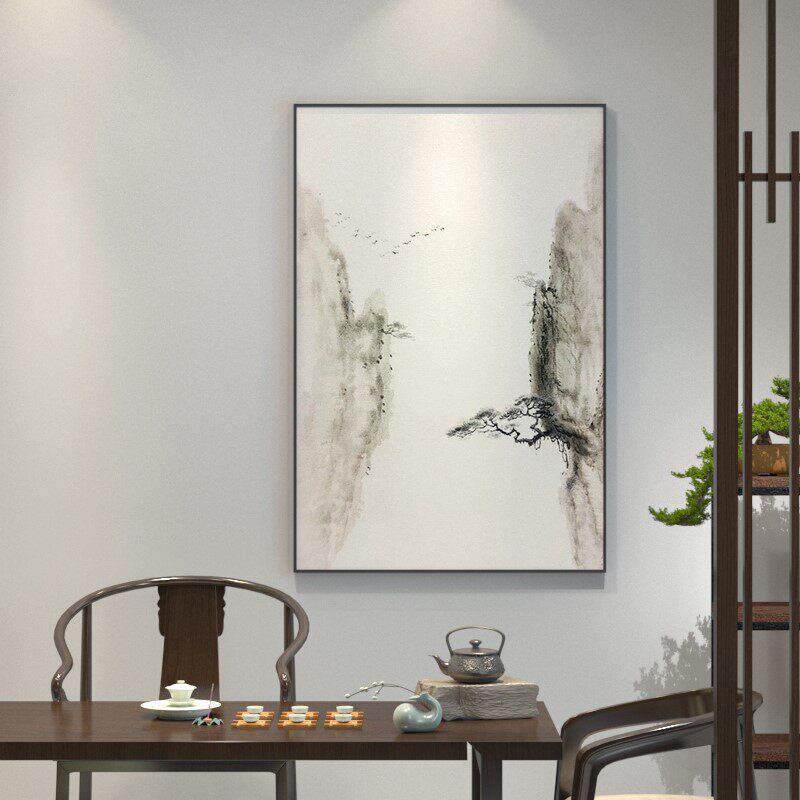 新中式客厅入户玄关装饰画水墨松树走廊书房背景墙样板房竖版挂画